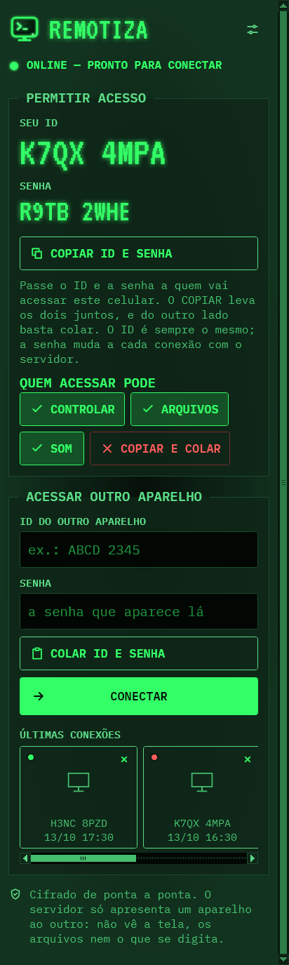 Tela inicial do Remotiza no celular, com o ID e a senha.
