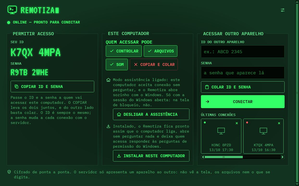 Tela inicial do Remotiza no Windows, com o ID e a senha deste computador, o que quem acessar pode fazer e o campo para acessar outro aparelho.